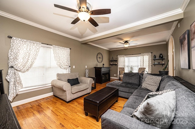 living room featuring crown molding, a fireplace, baseboards, and wood finished floors