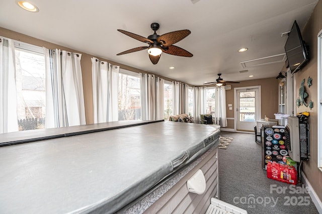 playroom with attic access, dark colored carpet, baseboards, and recessed lighting