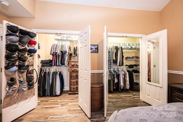 bedroom with multiple closets and light wood finished floors