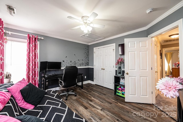 office space with attic access, visible vents, dark wood finished floors, and crown molding