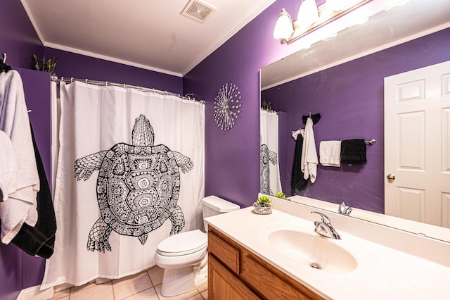 full bath with vanity, tile patterned flooring, visible vents, and crown molding