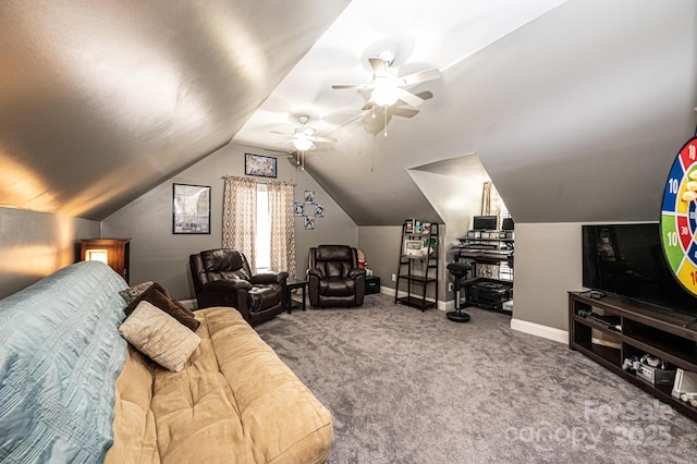 interior space with lofted ceiling, ceiling fan, and baseboards