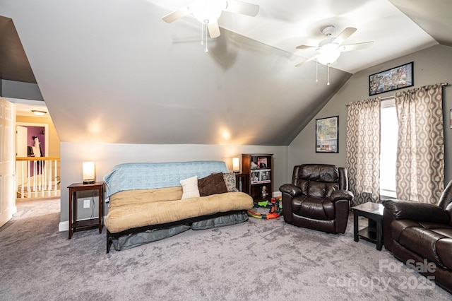 bedroom with vaulted ceiling, carpet flooring, a ceiling fan, and baseboards