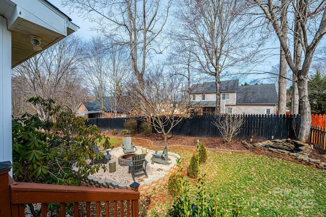 view of yard with an outdoor fire pit and a fenced backyard