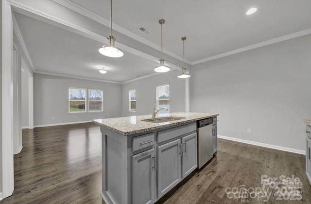 kitchen with a sink, visible vents, dishwasher, a center island with sink, and pendant lighting