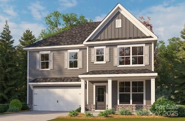 craftsman inspired home featuring a garage, concrete driveway, roof with shingles, board and batten siding, and brick siding