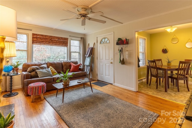 living room featuring ceiling fan, baseboards, wood finished floors, and crown molding