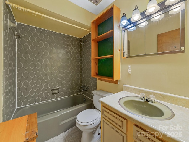 bathroom with shower / bathtub combination, visible vents, vanity, and toilet