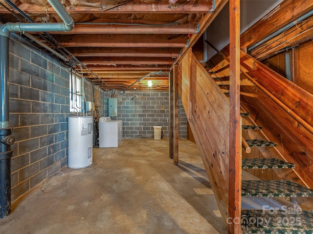 unfinished below grade area with washer / dryer, electric panel, and water heater