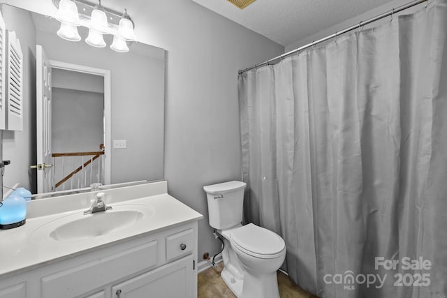 full bath with visible vents, a textured ceiling, toilet, and vanity