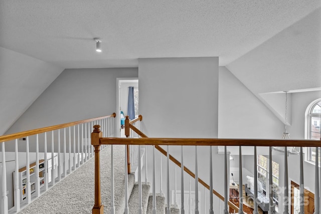 corridor with vaulted ceiling, carpet floors, and a textured ceiling