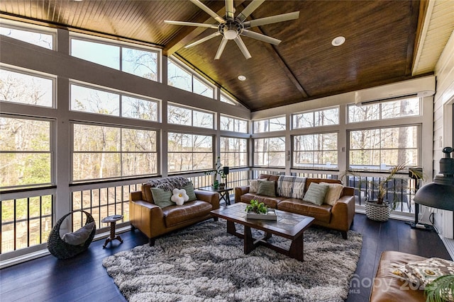 sunroom with a wealth of natural light, an AC wall unit, wooden ceiling, and lofted ceiling with beams