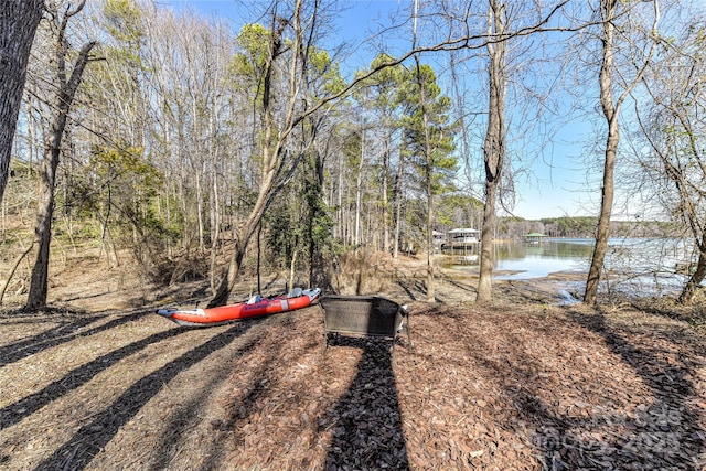 view of yard featuring a water view and a wooded view