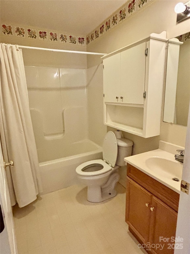 full bathroom with toilet, vanity, shower / bath combination with curtain, and tile patterned floors