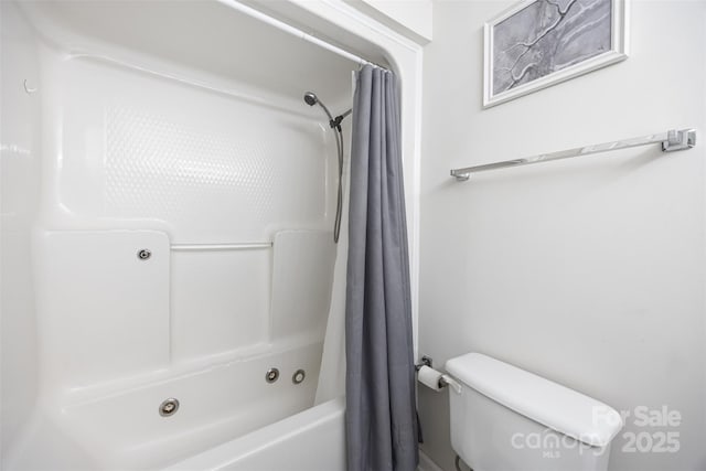 bathroom with toilet and shower / bathtub combination with curtain