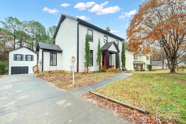 view of front facade featuring a garage, concrete driveway, crawl space, a front lawn, and a chimney