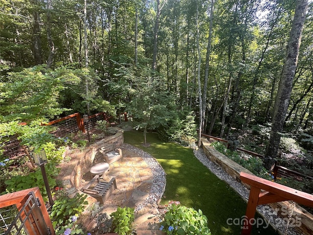 view of yard with a patio area and a wooded view