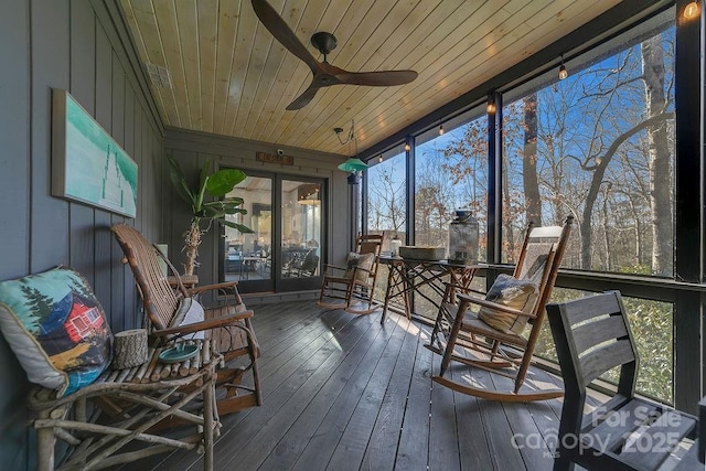 sunroom / solarium featuring wooden ceiling and a ceiling fan