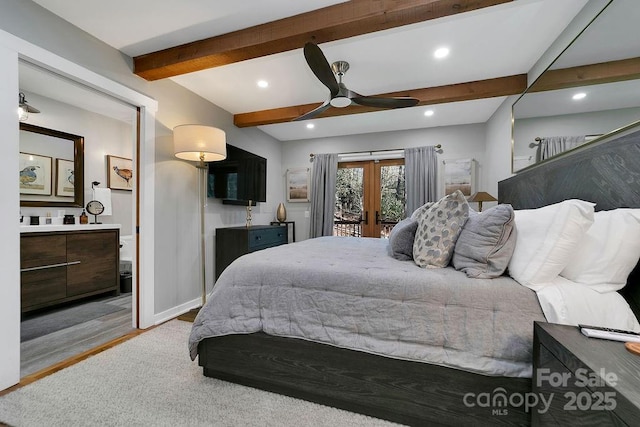 bedroom featuring access to exterior, french doors, recessed lighting, light wood-style floors, and beamed ceiling