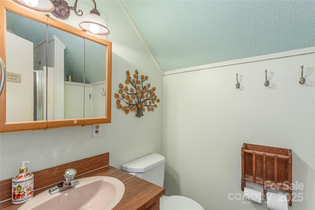 bathroom with toilet, vaulted ceiling, a textured ceiling, and vanity