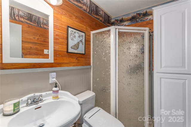 full bathroom with a stall shower, a sink, toilet, and wooden walls