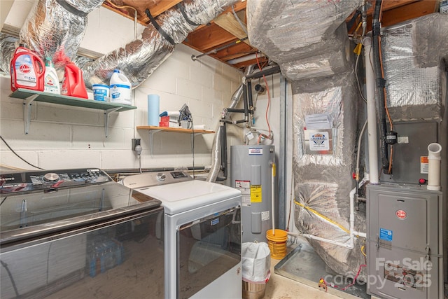 laundry room with laundry area, water heater, and washer and clothes dryer