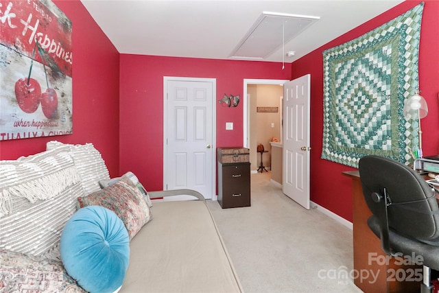 bedroom featuring carpet, attic access, and baseboards