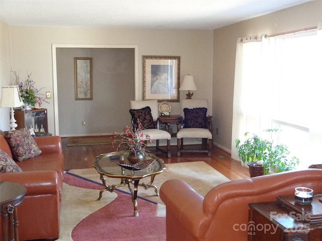 living area featuring wood finished floors and baseboards