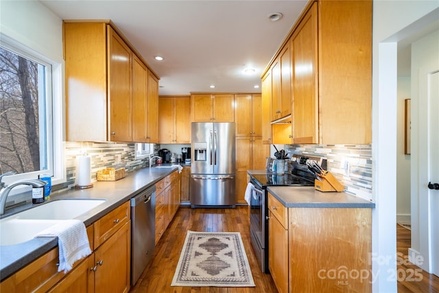 kitchen with appliances with stainless steel finishes, a sink, backsplash, and dark wood-style floors