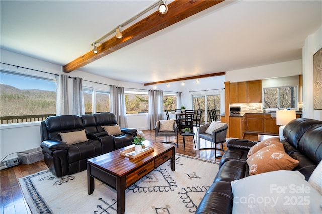 living area with rail lighting, wood finished floors, beam ceiling, and baseboards