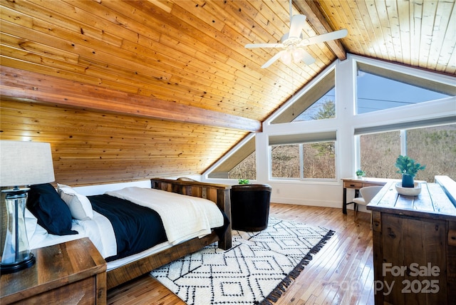 bedroom with vaulted ceiling with beams, baseboards, wood ceiling, and light wood-style floors