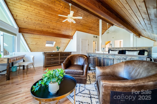 living area featuring a ceiling fan, wood ceiling, light wood-style flooring, and lofted ceiling with beams