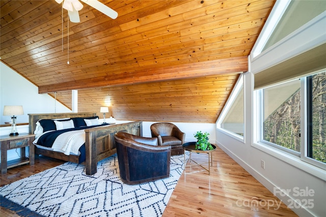 bedroom featuring vaulted ceiling, wooden ceiling, light wood-style flooring, and baseboards