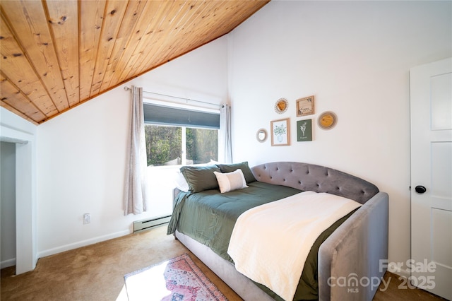 bedroom with baseboards, light colored carpet, wood ceiling, a baseboard heating unit, and high vaulted ceiling