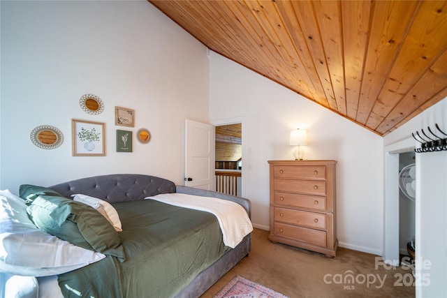 carpeted bedroom featuring high vaulted ceiling, wooden ceiling, and baseboards