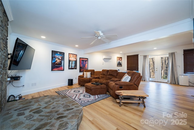 living area featuring french doors, crown molding, light wood finished floors, recessed lighting, and baseboards