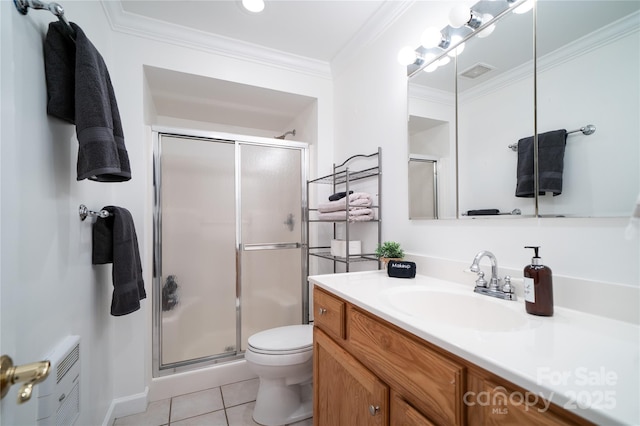 full bath with visible vents, toilet, ornamental molding, tile patterned floors, and a shower stall