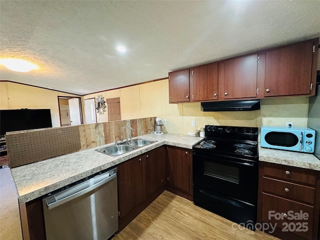 kitchen with light countertops, black range with electric stovetop, stainless steel dishwasher, a sink, and under cabinet range hood