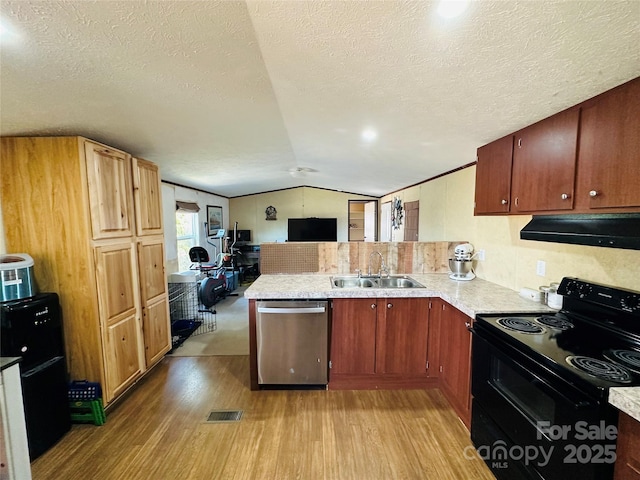 kitchen featuring electric range, a sink, light countertops, range hood, and dishwasher