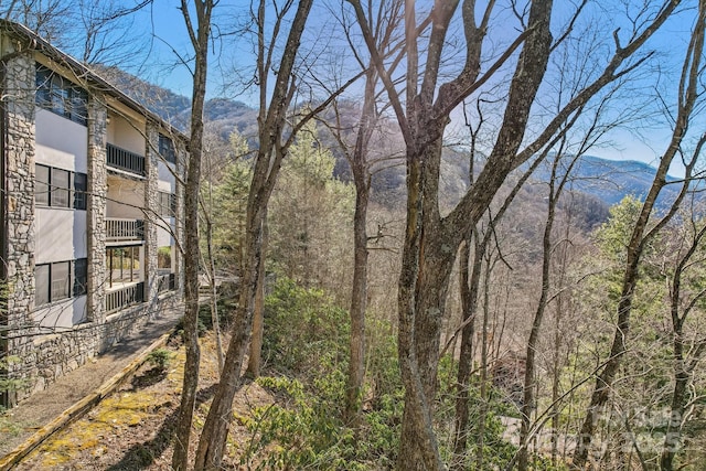 exterior space featuring a mountain view and a view of trees