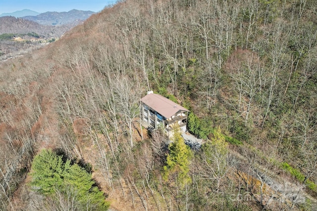 aerial view featuring a mountain view and a view of trees