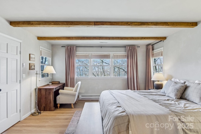 bedroom with a baseboard heating unit, beamed ceiling, baseboards, and wood finished floors