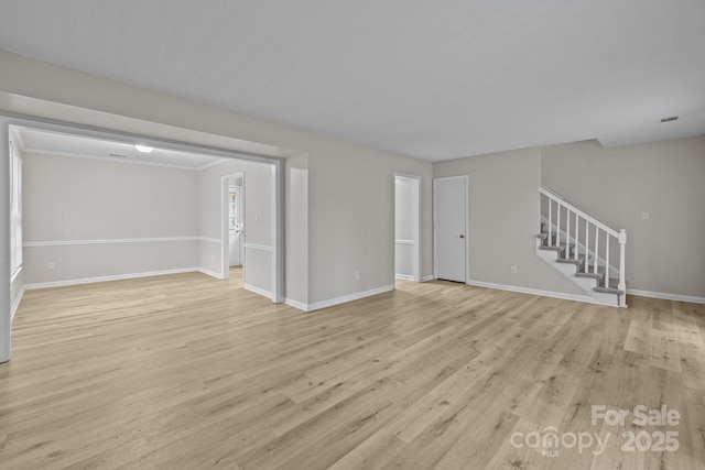 5948 Deveron Dr, Charlotte, NC 28211 - unfurnished living room featuring baseboards, stairway, and light wood finished floors