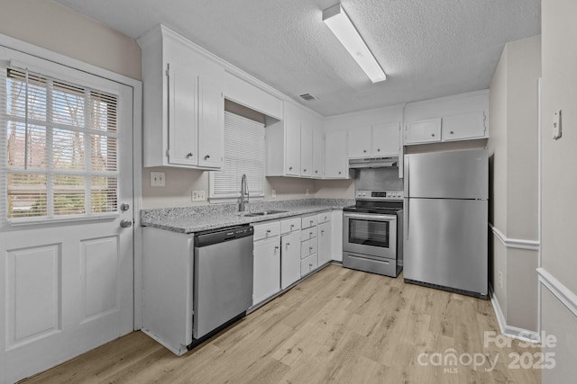 5948 Deveron Dr, Charlotte, NC 28211 - kitchen featuring white cabinetry, stainless steel appliances, a sink, light wood finished floors, and visible vents