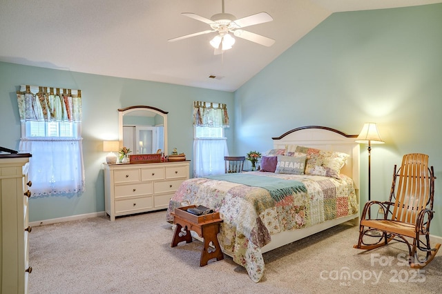 bedroom featuring light carpet, multiple windows, visible vents, and baseboards