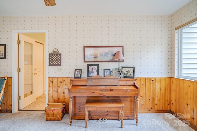 living area featuring a healthy amount of sunlight, a wainscoted wall, and carpet flooring