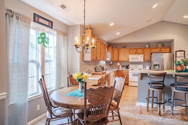 dining room featuring recessed lighting, visible vents, baseboards, vaulted ceiling, and an inviting chandelier