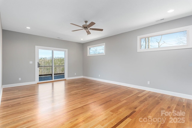 spare room featuring ceiling fan, recessed lighting, visible vents, baseboards, and light wood finished floors