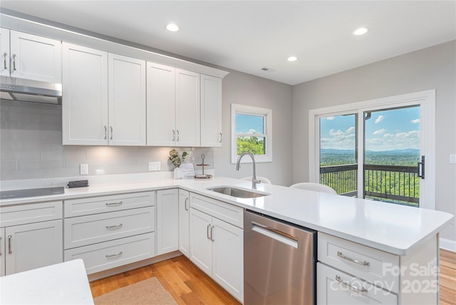 54 Herron View Ln, Weaverville, NC 28787 - kitchen featuring stainless steel dishwasher, ventilation hood, a peninsula, light countertops, and decorative backsplash