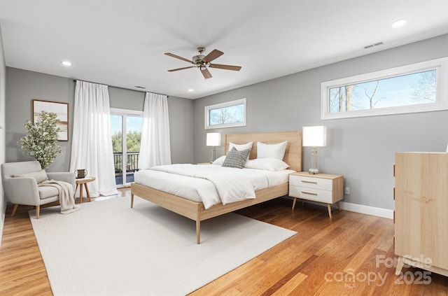 54 Herron View Ln, Weaverville, NC 28787 - bedroom with access to outside, light wood-style flooring, recessed lighting, and ceiling fan